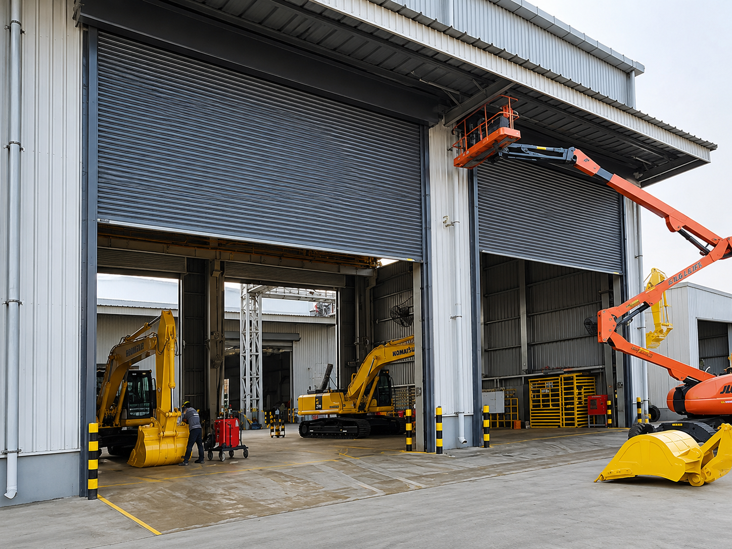 Motorised rolling shutter installed at commercial entrance — front elevation view